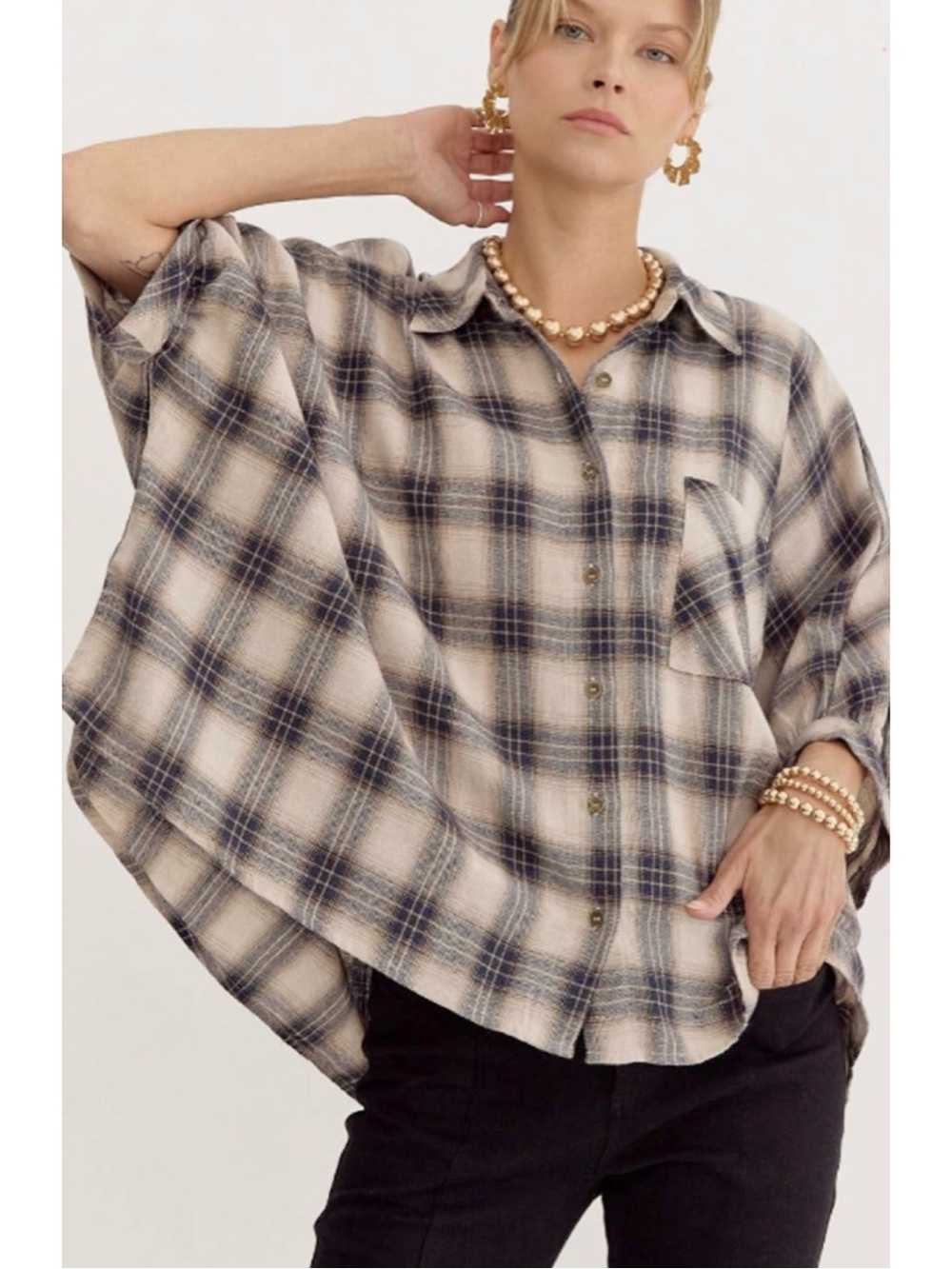 Entro Oversized Boxy Cropped Button Down Plaid Shirt 100% Cotton